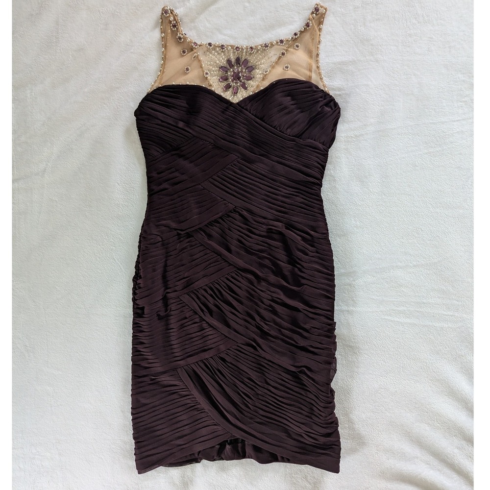 Adrianna Papell Collection Beaded Ruched‎ Cocktail Dress Dark Plum Womens Size 8